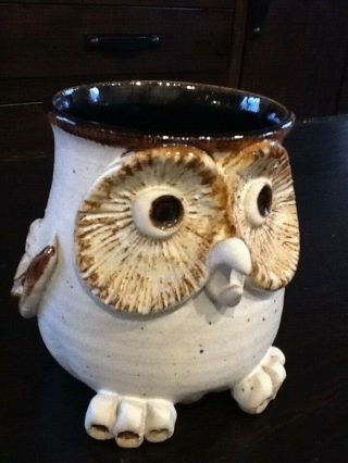 Vintage 1970s Stan Dzedzy 8oz Owl Handmade Pottery Stoneware Mug Signed