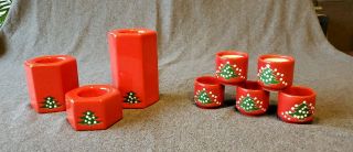 3 Waechtersbach Red Christmas Tree Pillar And 5 Small Votive Candle Holders