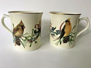2 Lenox Winter Greetings Bird Coffee Mug Set Catherine Mcclung Cardinals Waxwing