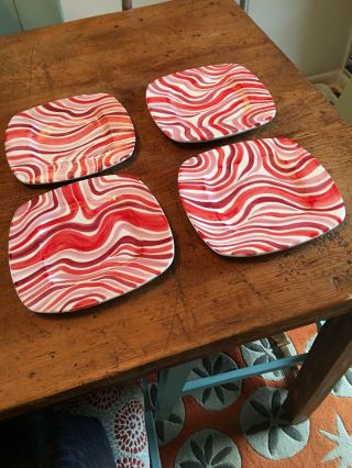 Zanolli 8.  25” Square Two Tone Red And White Striped Plates (4) Hand Painted In I