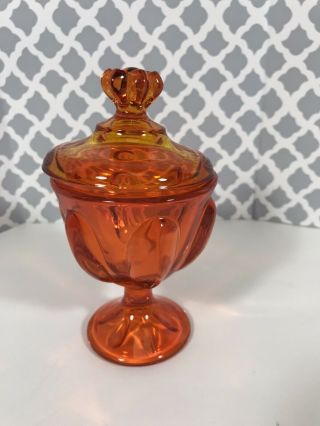 Vintage Viking Orange Amberina Glass Pedestal Candy Dish W Lid,  About 6.  5” Tall