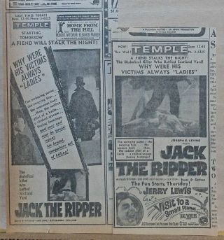 Two 1960 Newspaper Ads For Movie Jack The Ripper - Killer Baffled Scotland Yard