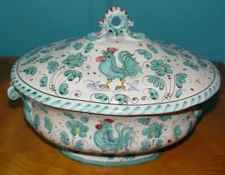 Deruta Italy Rooster Design Soup Serving Tureen Bowl With Lid Tiny Chip Lid
