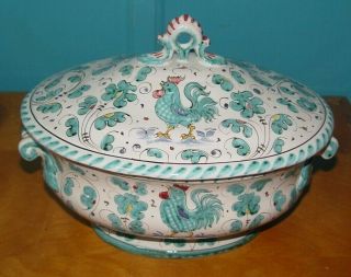 DERUTA ITALY ROOSTER DESIGN SOUP SERVING TUREEN BOWL WITH LID TINY CHIP LID 2