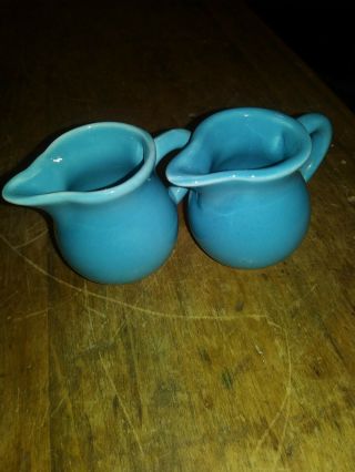 Fiestaware Vintage (toy) 2 Rare Small Turquoise Creamers 2 1/4 " Tall
