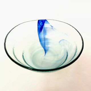 Vintage Hand Blown Art Glass Bowl Blue Swirl