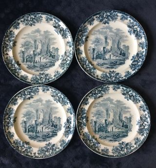 19th Century W.  T.  Copleand & Sons Blueish Green Abbey Ruins Salad Plates (4)
