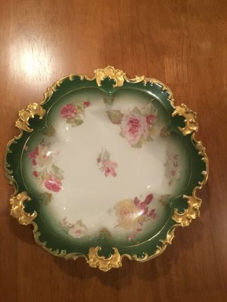 Gda Limoges Atq Green W/ Red Yellow Roses Scalloped Gold Trim 9.  5 " Serving Bowl