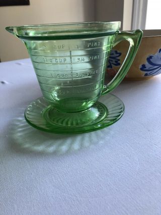 Vintage T & S Handimaid Green Depression Glass Measuring Cup W/ Saucer