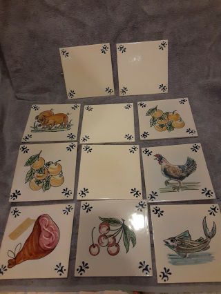 Vintage Outeiro Agueda Portugal Hand Painted Ceramic 6 " Tiles Pigs Fish Chicken