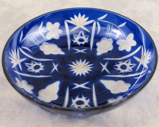Vtg Bohemian Cobalt Blue Cut To Clear Glass Bowl Star,  Grape & Floral Nos