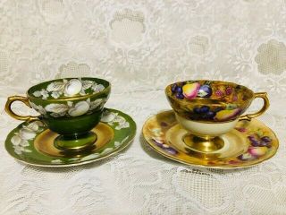 Set Of Two Gold Hand Painted Fruit Tea Cups And Saucers Made In Occupied Japan