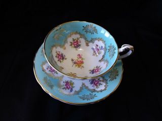 Paragon Rose Floral Bouquet With Gold On Turquoise Green Tea Cup And Saucer