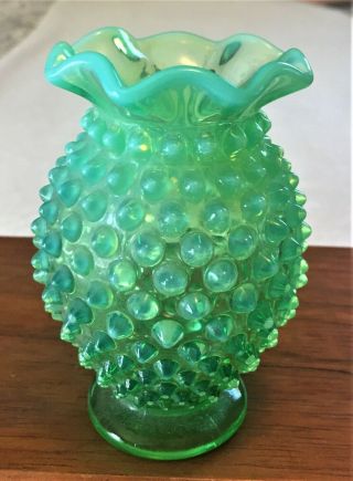 Vintage Fenton Art Glass Vase Green Vaseline Opalescent Hobnail Ruffle Edge