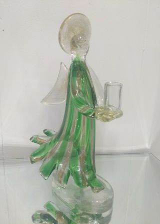 Vintage Murano Art Glass Angel Green Gold Flake Candle Holder 2