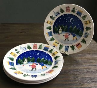 4 Nikko Winter Wonderland 11 " Christmas Snowman Skating Dinner Plates 1998