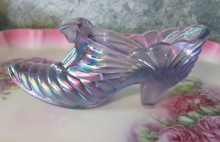Fenton Carnival Glass Shoe Iridescent Purple Cat Head Slipper