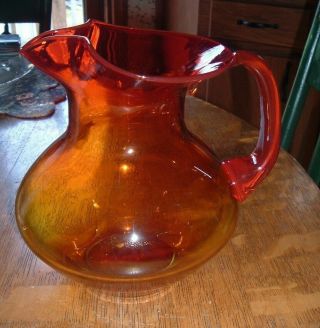 Amberina Orange Red Large Glass Pitcher Applied Handle Pinch Top Pontil Blown