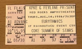 1986 Eurythmics Denver Red Rocks Concert Ticket Stub Annie Lennox Dave Stewart