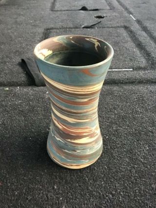 Vintage Niloak Pottery Mission Swirl Blue Brown Hour Glass “signed” 6 1/4” Vase