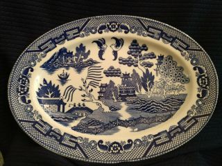 Vintage Blue Willow Transferware Oval Serving Platter - Made In Japan