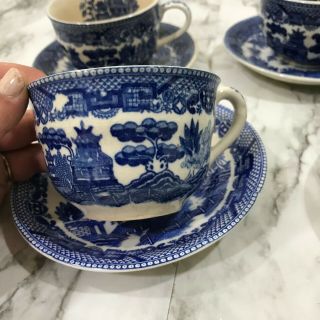 Vintage Blue Willow Ware Royal China Tea Cup & Saucer Set Of 5