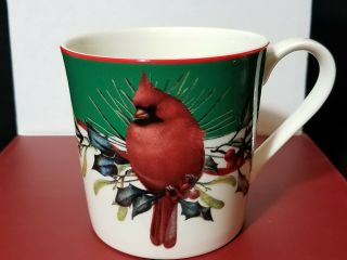LENOX MUGS WINTER GREETINGS GREEN WITH RED CARDINALS CHRISTMAS Set of 4pc 4
