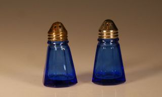 Vintage Hazel Atlas Glass Cobalt Blue Octagonal Salt & Pepper Set Signed C.  1935