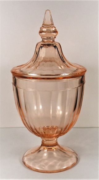 Vintage Pink Depression Glass Paneled Candy Jar With Lid.