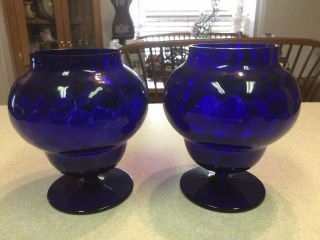 PAIR Vintage Empoli Brandy Snifter Bowl Vase Rare Cobalt Blue Glass Footed 5