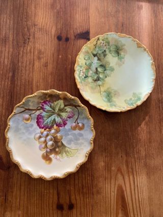 Pair Antique T&v Limoges 8” Hand Painted Grapes Plate Dish Gold Gilt Rim Signed