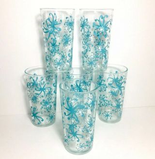 6 Vintage 12oz Mid Century Modern Teal Turquoise Flower Snowflake Drinking Glass
