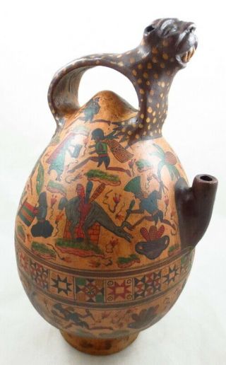 Vintage Peruvian Cusco Peru Inca Ceremonial Vessel Clay Pottery Jaguar Handle