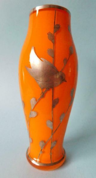Czech Bohemian Art Deco Orange Tango Glass Vase Silver Bird Overlay 1920s