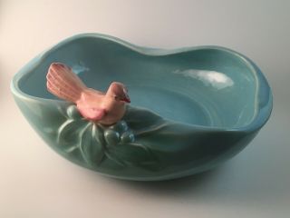 Vtg Mccoy Pottery Blue Oval Dish W/pink Bird Planter/fern Dish 1940 