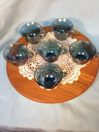 Six Vintage Antique Blue Carnival Glass Punch Bowl Cups