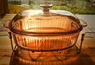 Vintage Vision Corning Ware Pyrex Amber 4l Roaster Dish With Holder