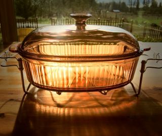 Vintage Vision Corning Ware Pyrex Amber 4L Roaster Dish With Holder 2