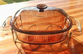 Vintage Vision Corning Ware Pyrex Amber 4L Roaster Dish With Holder 3