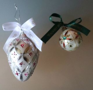 10/17 2 Hand - Painted & Jeweled Waterford Christmas Ornaments Egg Shape W Ribbon