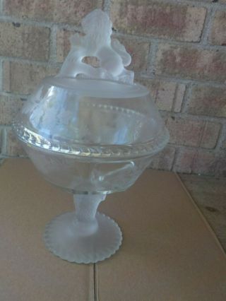 Frosted Glass Lion Figure Covered Tureen Centerpiece Candy Jar Dish 12.  75 " Tall