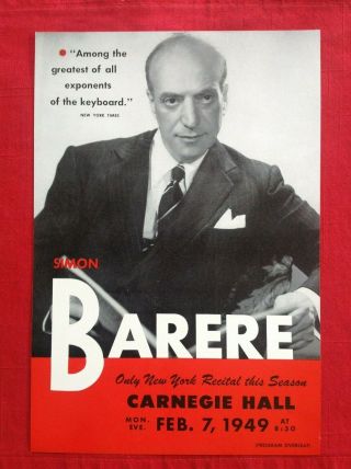 2/7/1949 Simon Barere Carnegie Hall Handbill Flyer Vgc