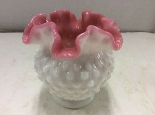 Vintage Fenton Hobnail White Milk Glass/ Pink,  Footed Vase