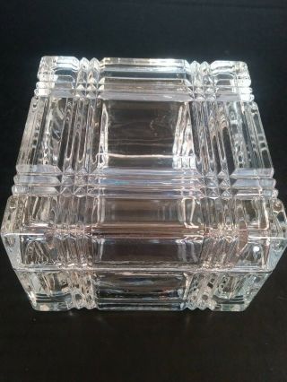 Vintage Square Block Crystal Trinket Box,  Dish W/ Lid - Deep Cut Geometric Glass