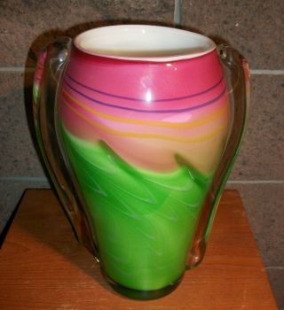 Heavy Thick Art Glass Vase.  Ocean Waves At Sunset.  11.  5 " Tall.  Weighs 10 Lbs.