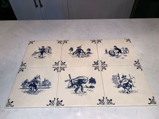 Vintage 6 Delft Blue Hand Painted Ceramic 6 X 6 Tiles Made In England