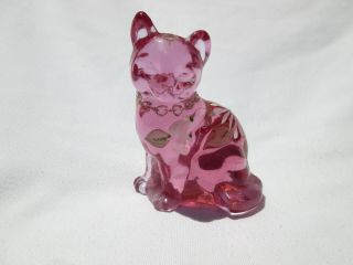 Fenton Art Glass 3.  5 " Hand Painted Pink Cat.