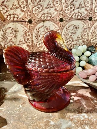 Le Smith.  Pressed Glass Turkey Candy Dish Bowl Lid Thanksgiving Christmas