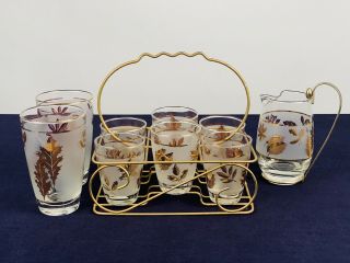 8 Vintage Libbey Frosted Gold Leaf Foliage Mid Century Glasses Juice Tumbler Set