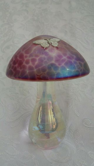Heron Glass Extra Large Cranberry Mushroom With Pewter Butterfly - With Gift Box